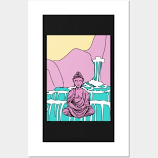 Blue and Pink Waterfall Buddha Graphic Posters and Art